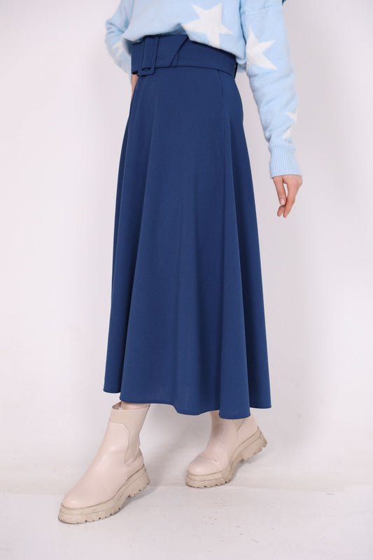 Belted Crepe Fabric Kiloş Skirt Blue