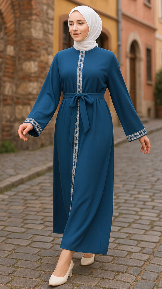 Taş İşlemeli Abaya Mavi