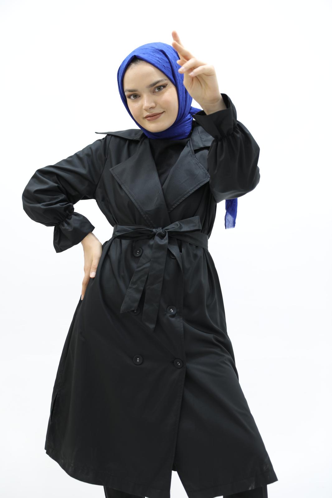 Black Trench with Slit Detail and Elastic Sleeves