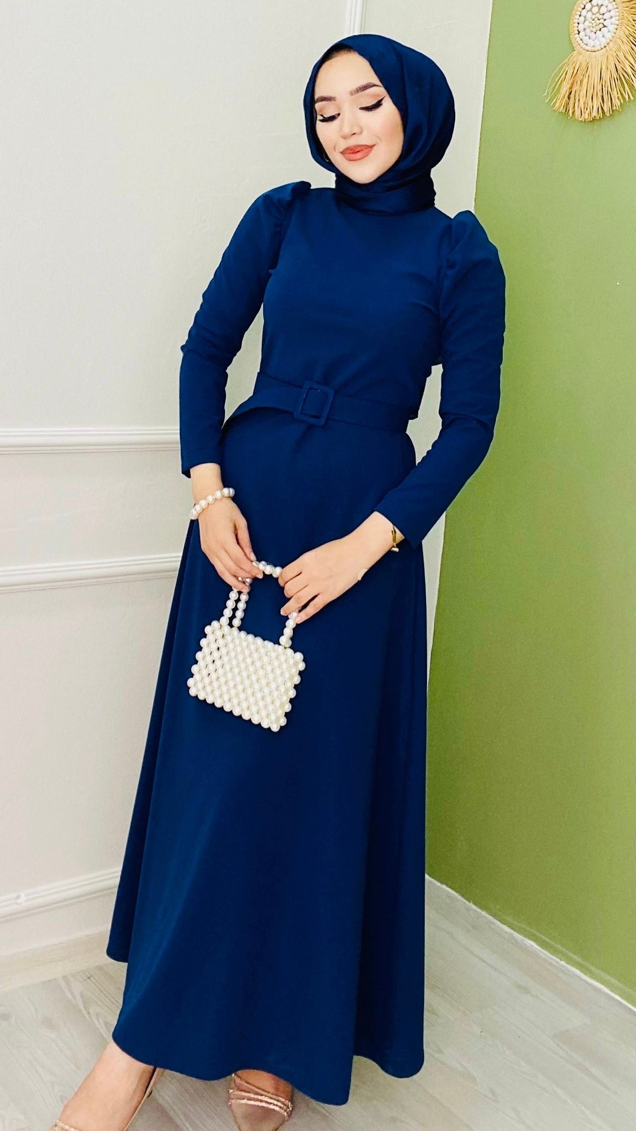 Belted Balloon Sleeve Crepe Dress Navy Blue