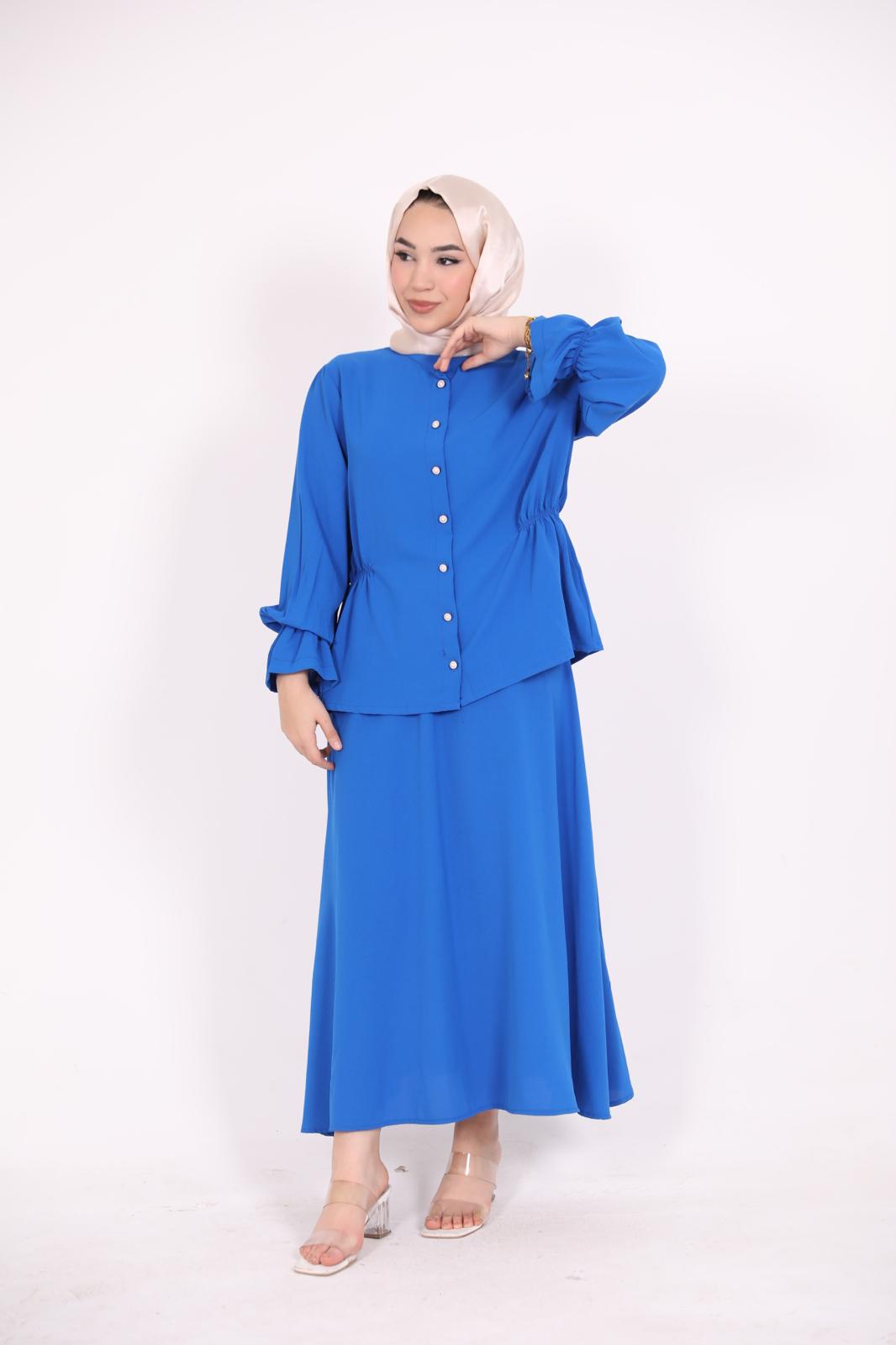 Blue Suit with Gathered Waist Skirt