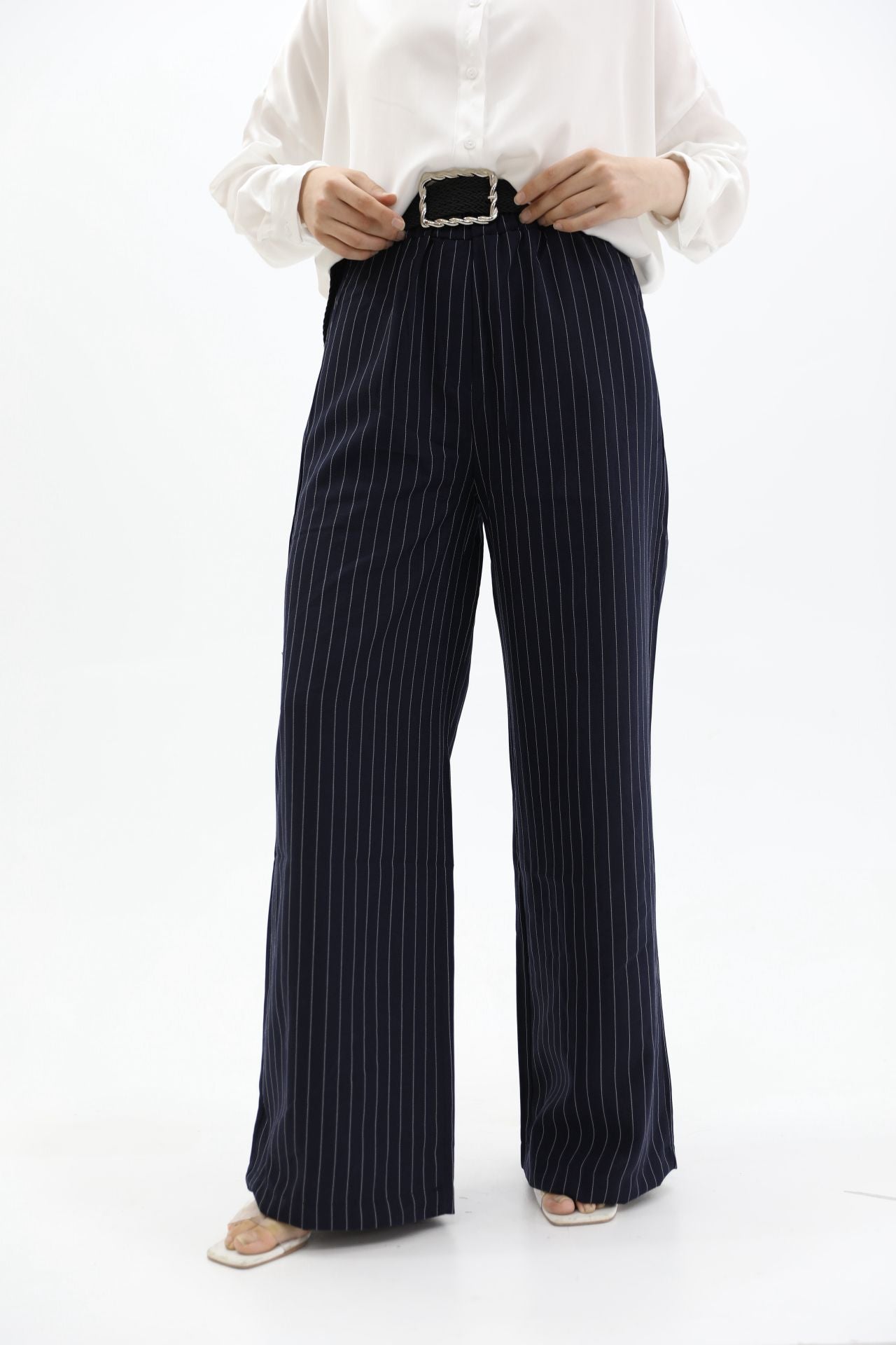 Belted Striped Trousers Navy Blue