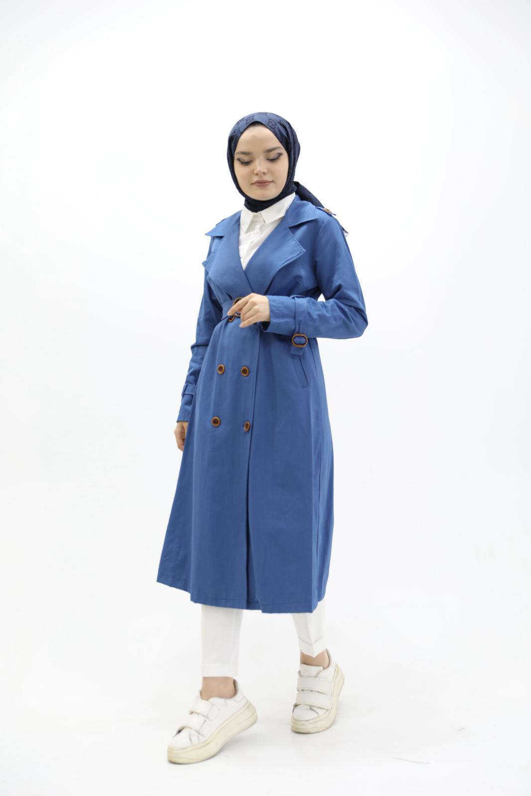 Buttoned Shoulder Trench Blue
