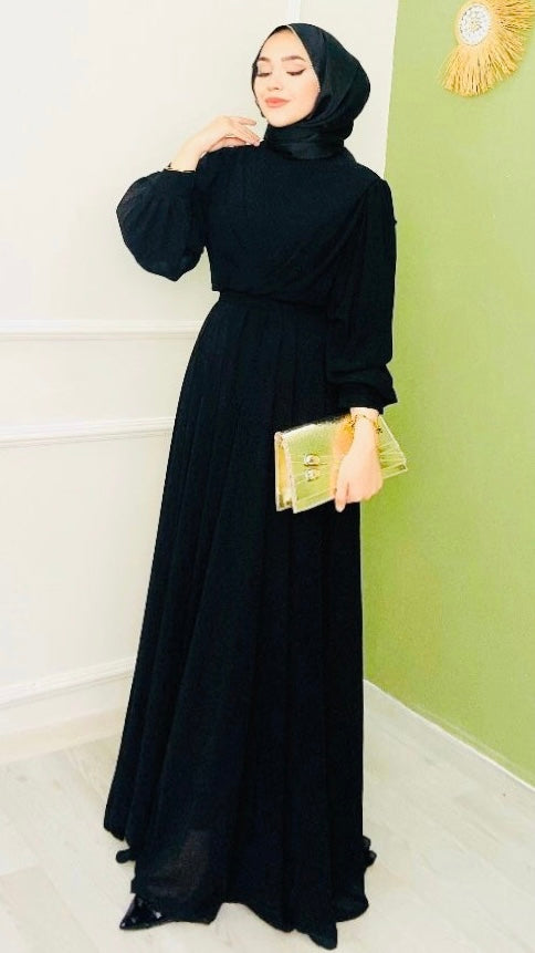 Önü Çapraz Modelli Şifon Abiye Siyah