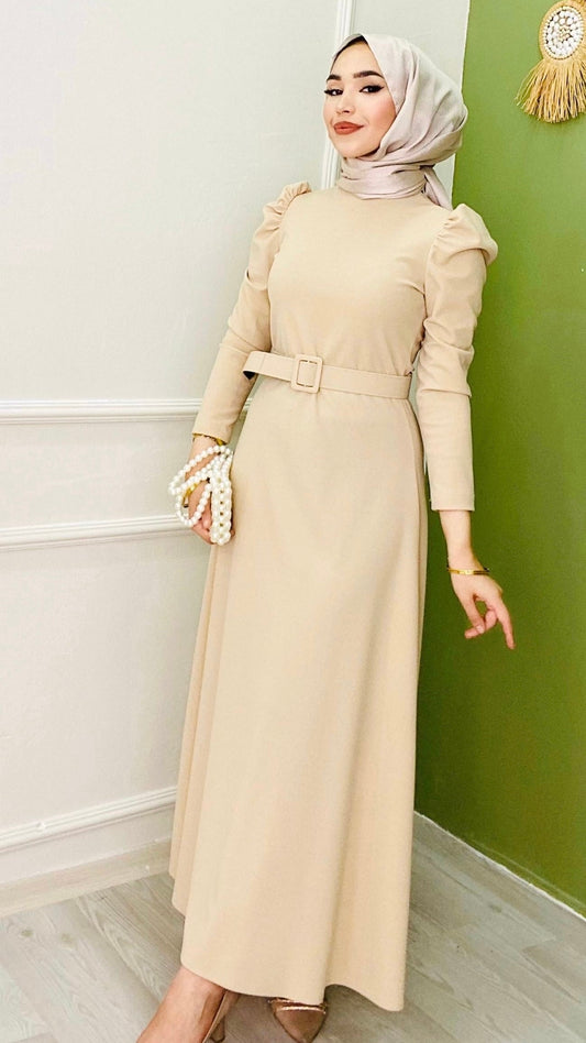 Belted Balloon Sleeve Crepe Dress Beige
