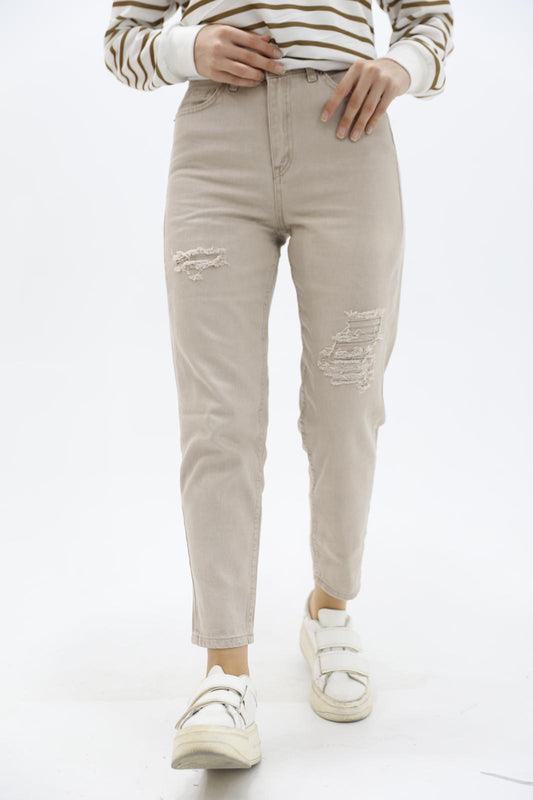 Mom Jean Trousers with Slits at the Knees Beige