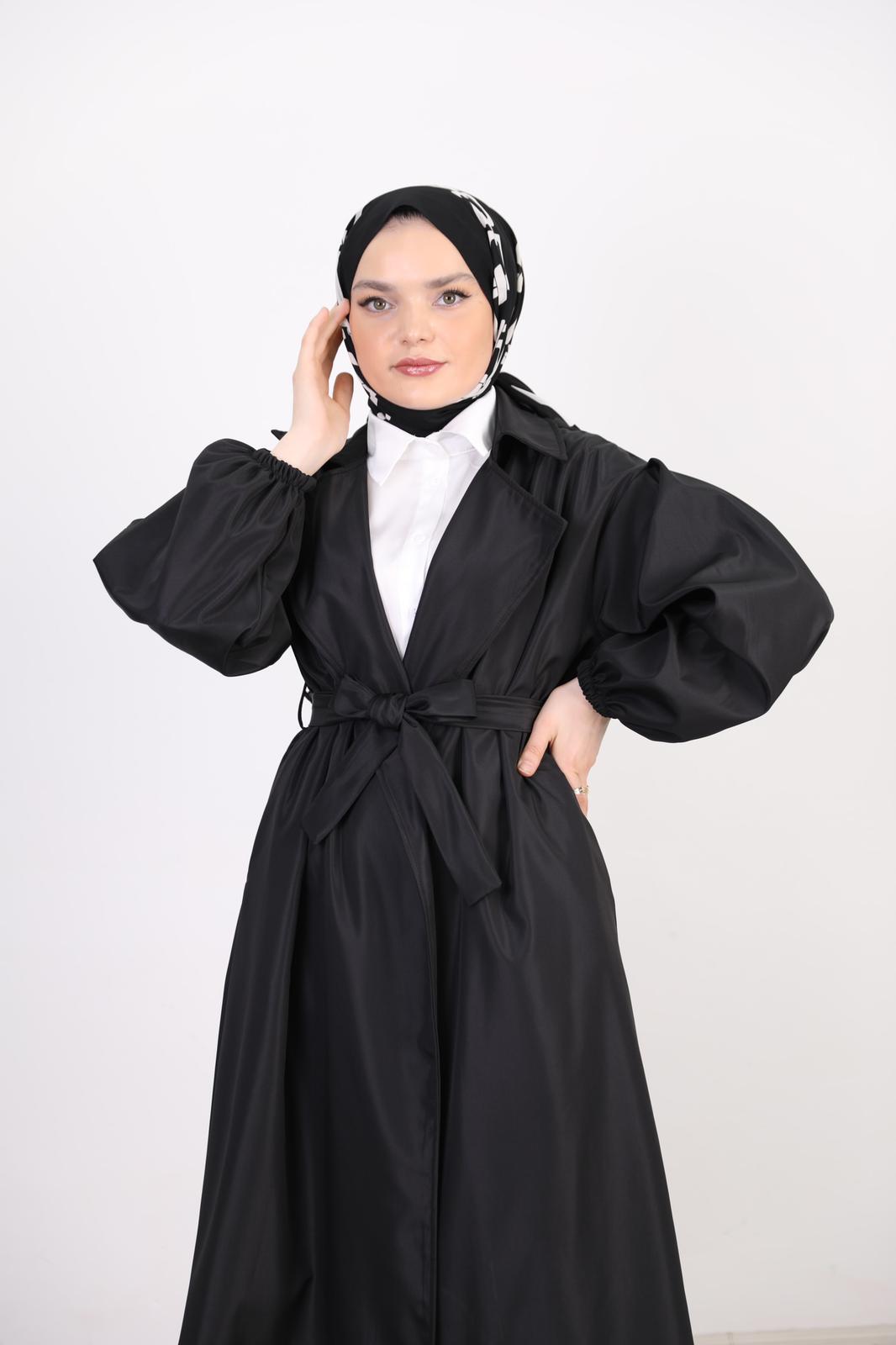 Balloon Sleeve Belted Trench Black