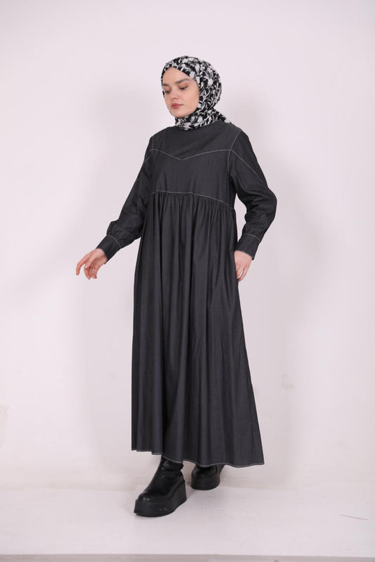 Stitching Detailed Denim Dress Black