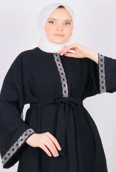 Taş İşlemeli Abaya Siyah