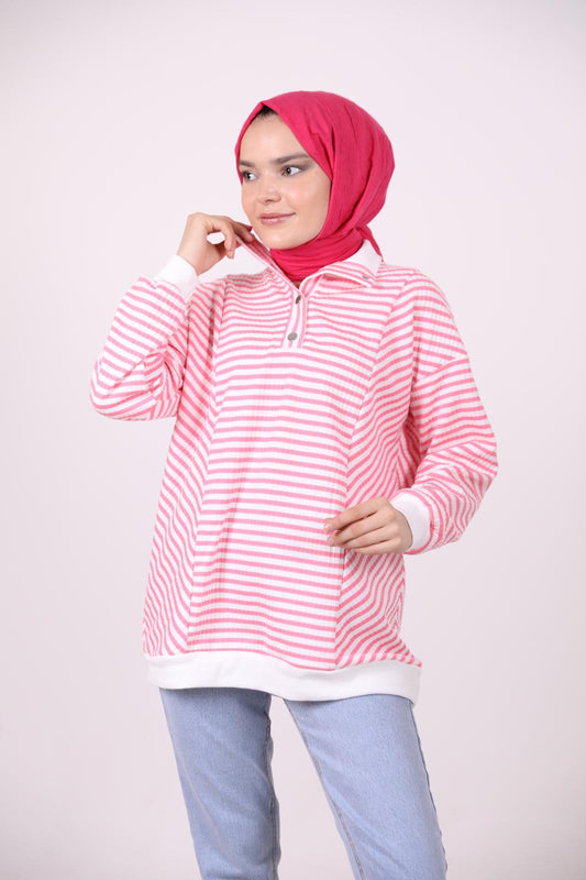Striped Sweat with Snap on Collar Pink