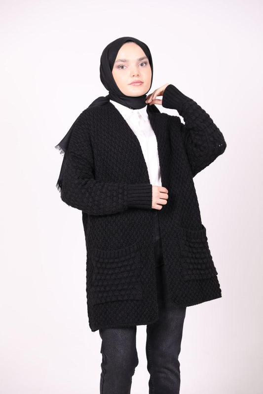 Double Pocket Knitted Model Cardigan Black