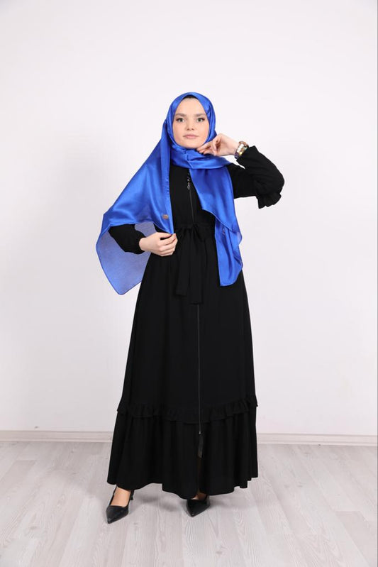 Abaya with Frilled Skirt and Sleeves Black