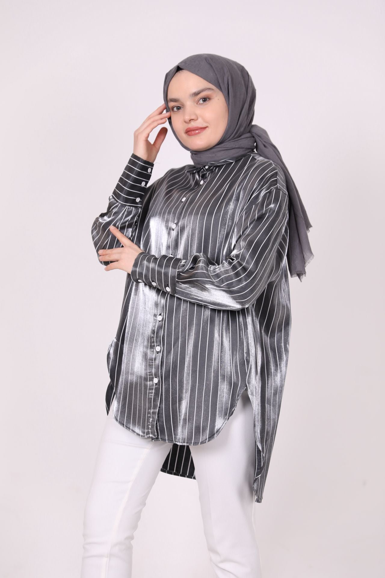 Striped Satin Shirt Black