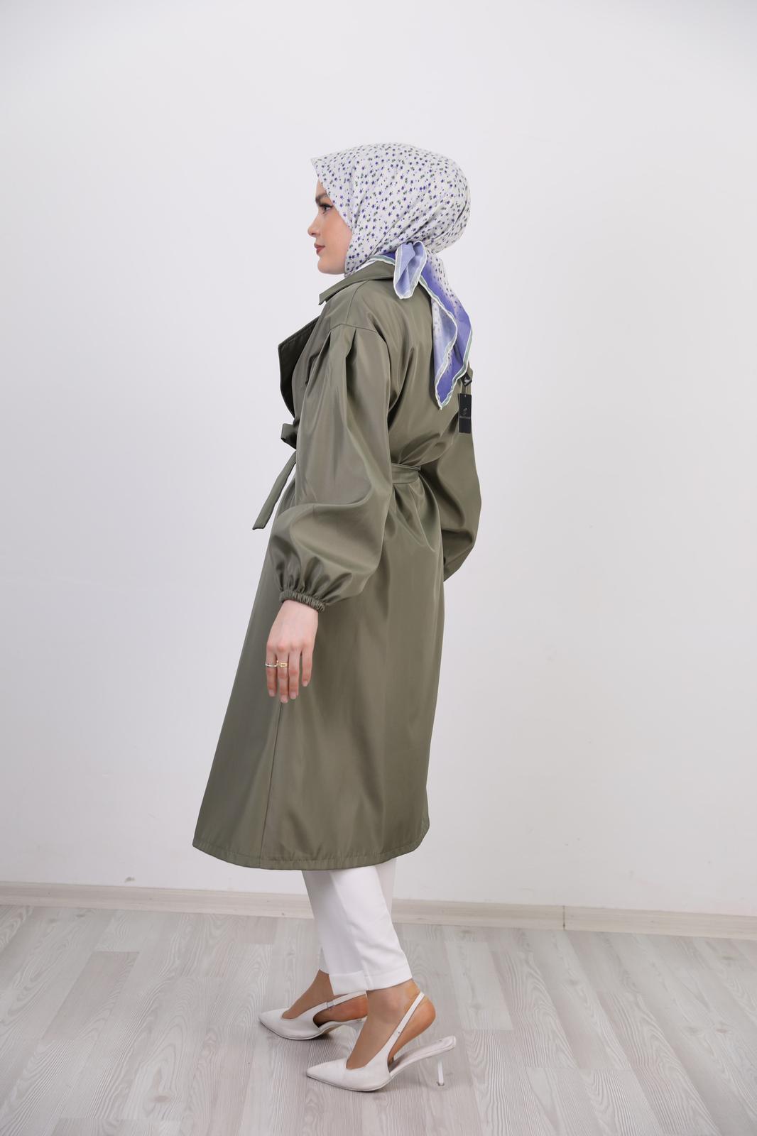 Balloon Sleeve Belted Trench Green
