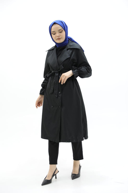 Black Trench with Slit Detail and Elastic Sleeves