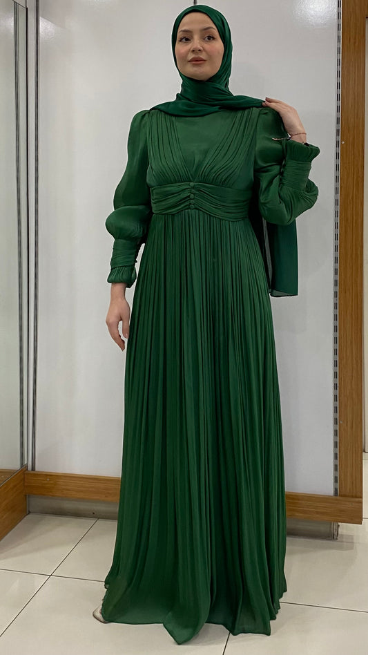Önü Düğme Detaylı Kolu Manşetli Abiye Zümrüt Yeşili