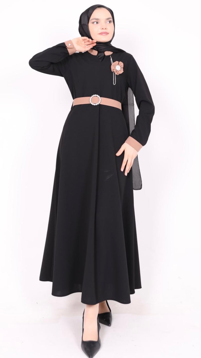 Rose Bronze Belted Dress Black