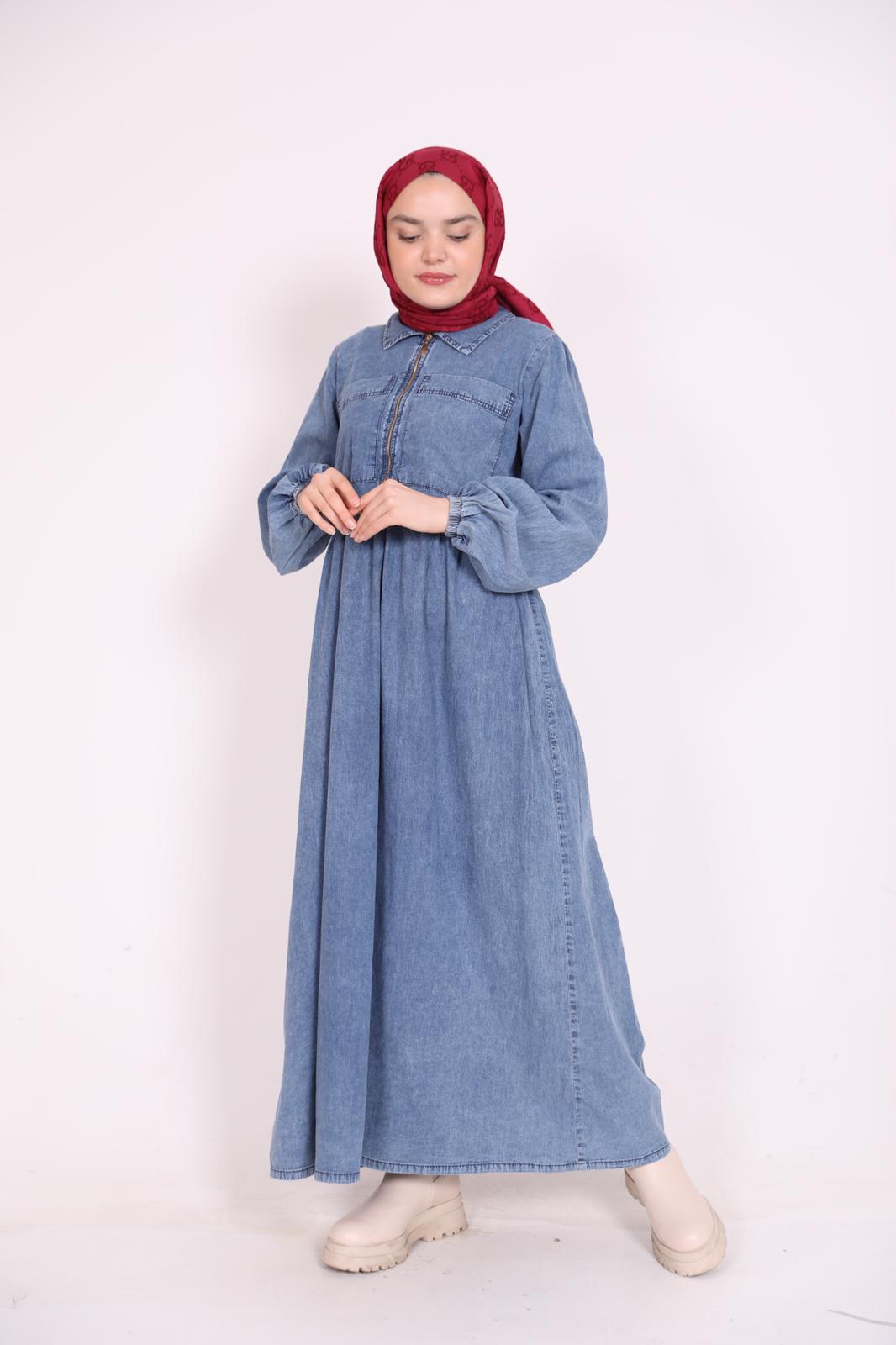 Fermuarlı Kot Elbise Mavi