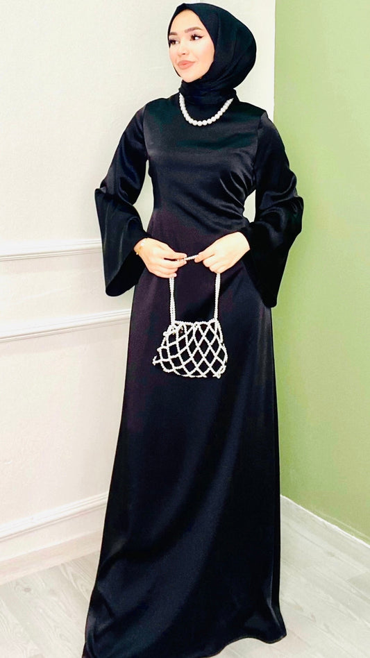 Arkası Bağlamalı Saten Abiye Siyah