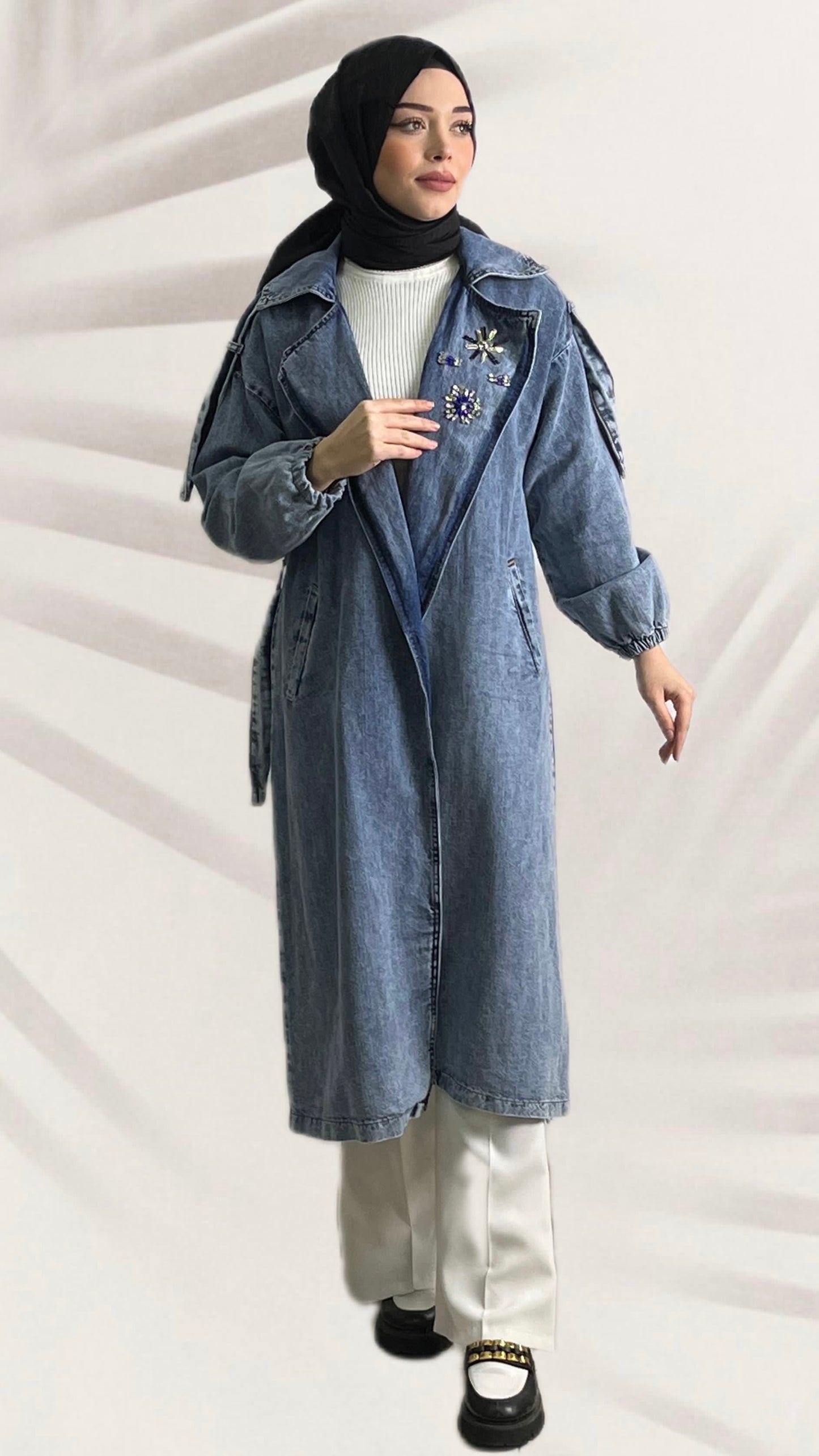 Apeletli Yaka Taşlı Kot Kap Mavi