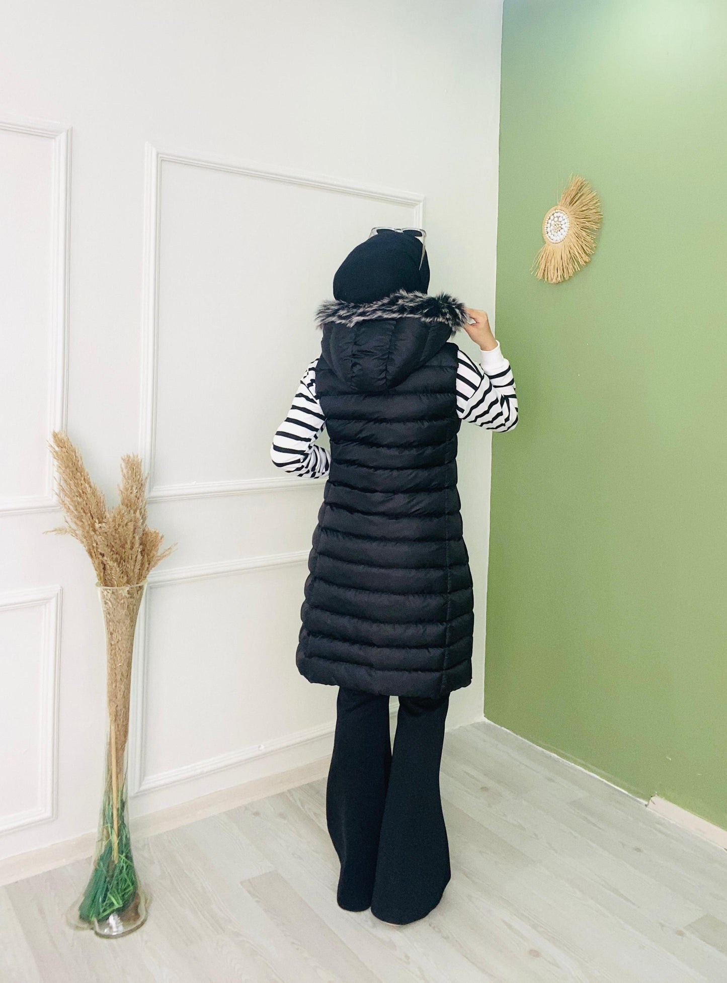 Furry Hooded Puffer Vest Black