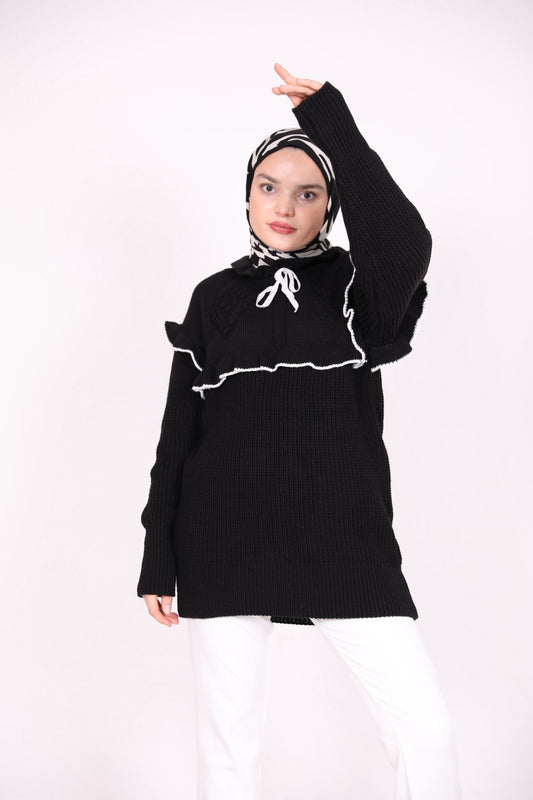 Ruffle Detailed Tied Sweater Black