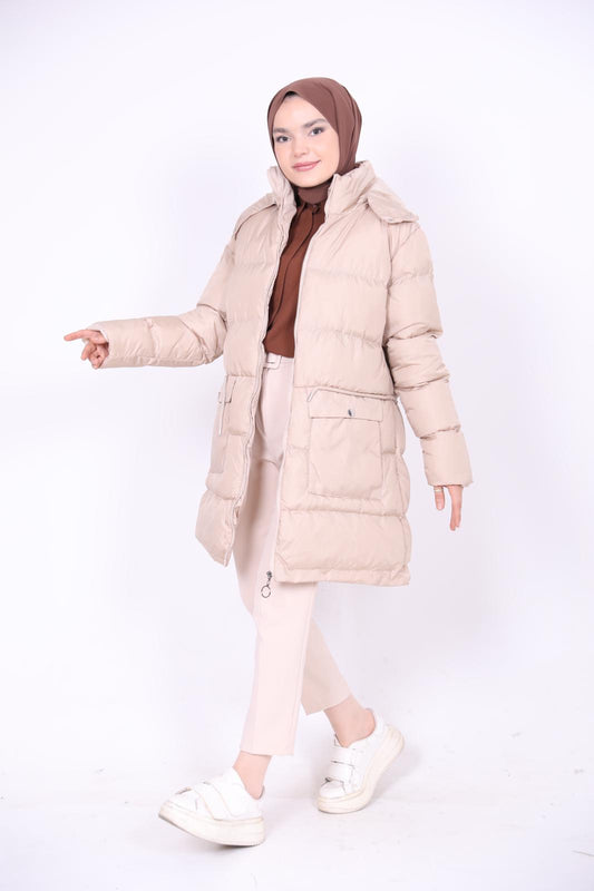 Hooded Araboy Puffer Coat Camel with Large Pockets