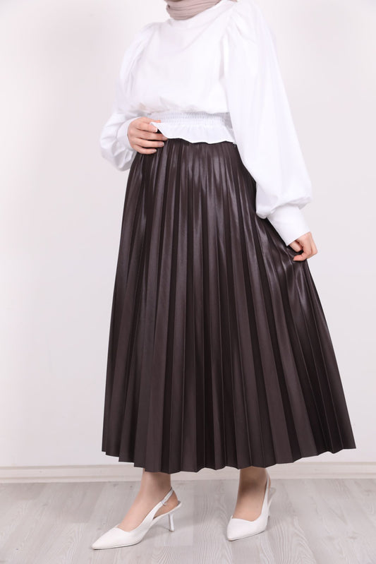 Leather Look Pleated Skirt Brown