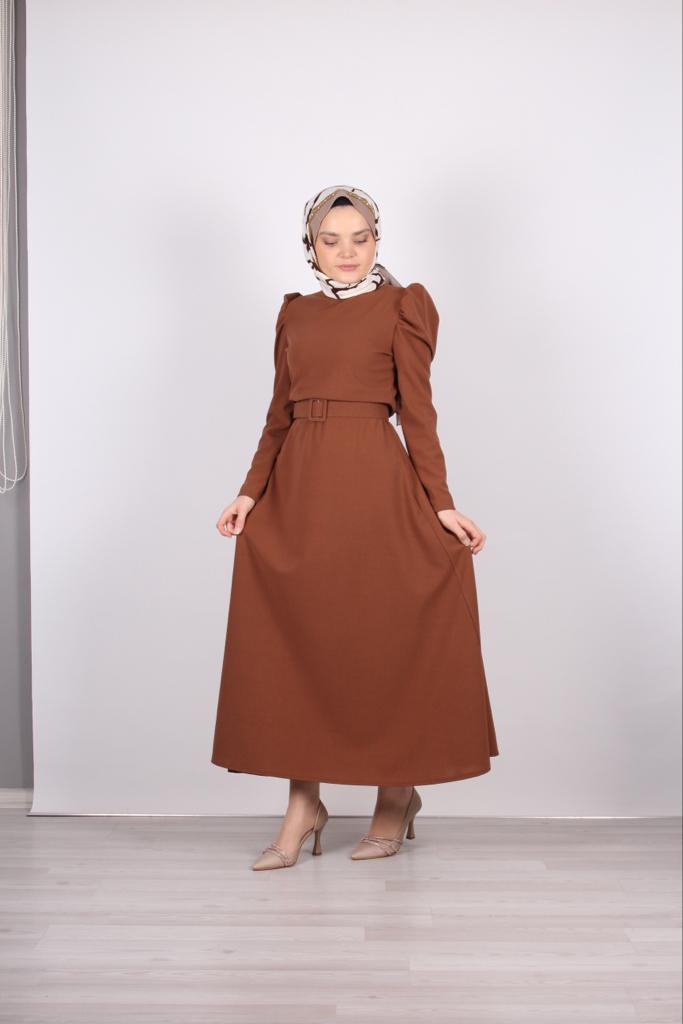 Belted Balloon Sleeve Crepe Dress Camel