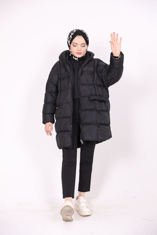 Hooded Puffer Jacket with Pocket with Flap Black