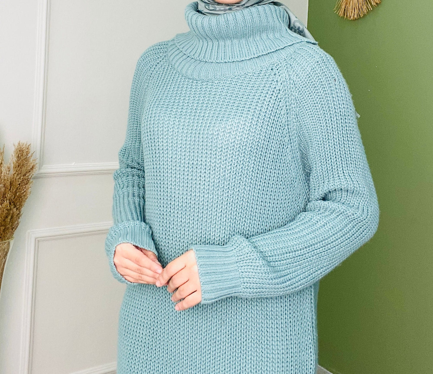 Turtleneck Woven Knitwear Dress Mint Green