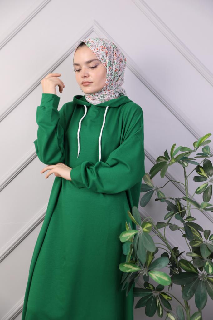 Kapşonlu Sweat Elbise Yeşil