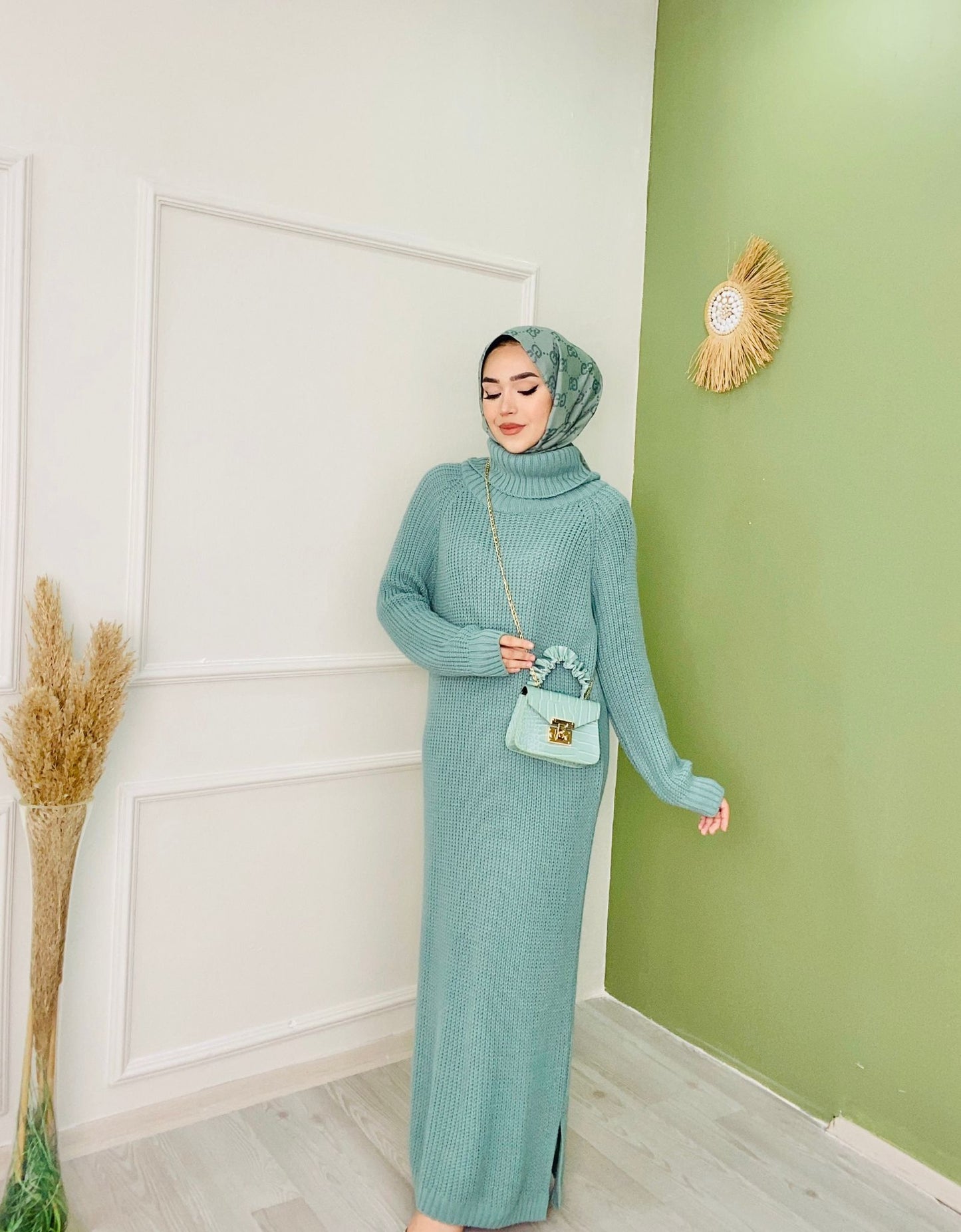 Turtleneck Woven Knitwear Dress Mint Green