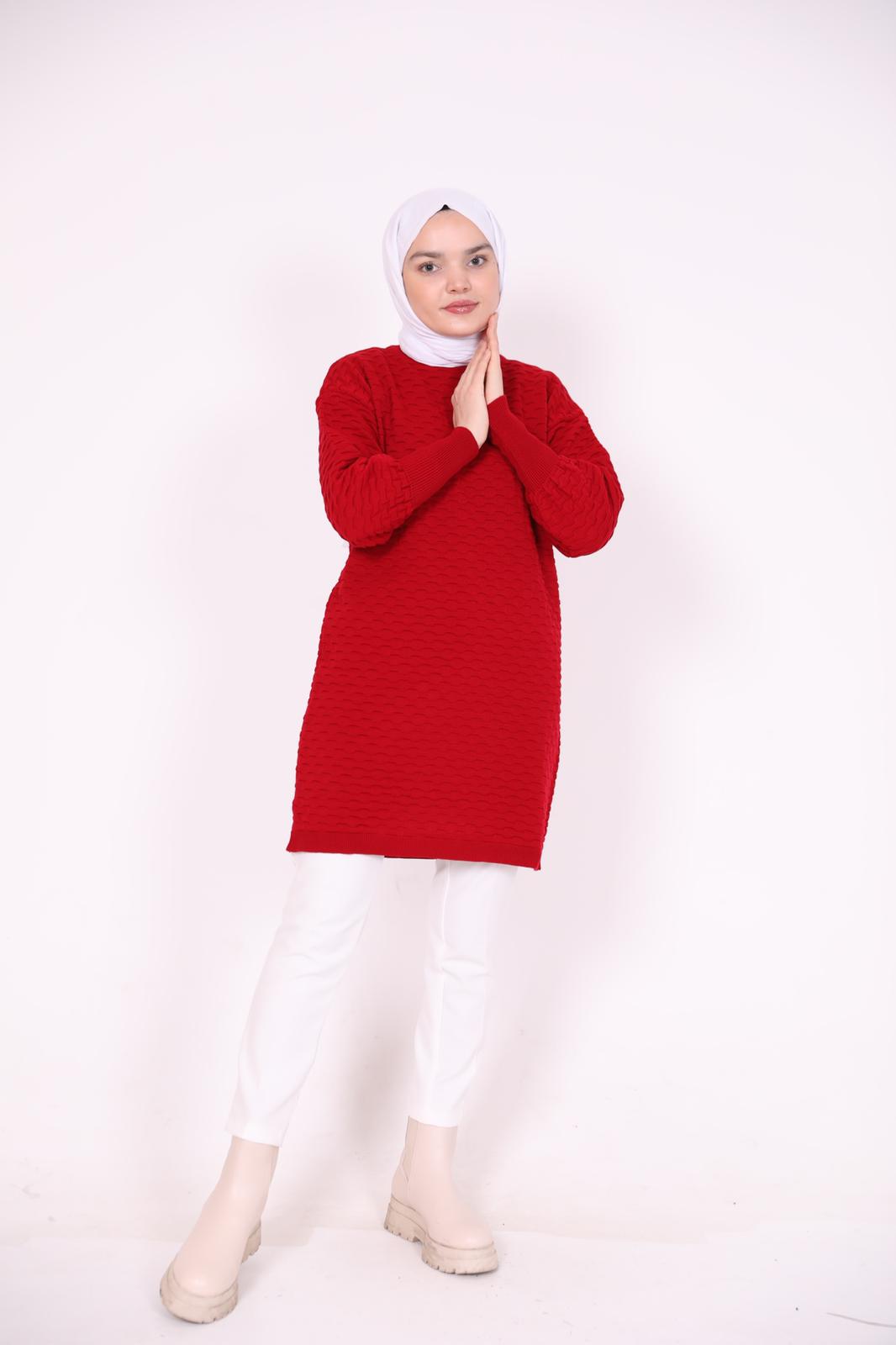Embossed Balloon Sleeve Sweater Red