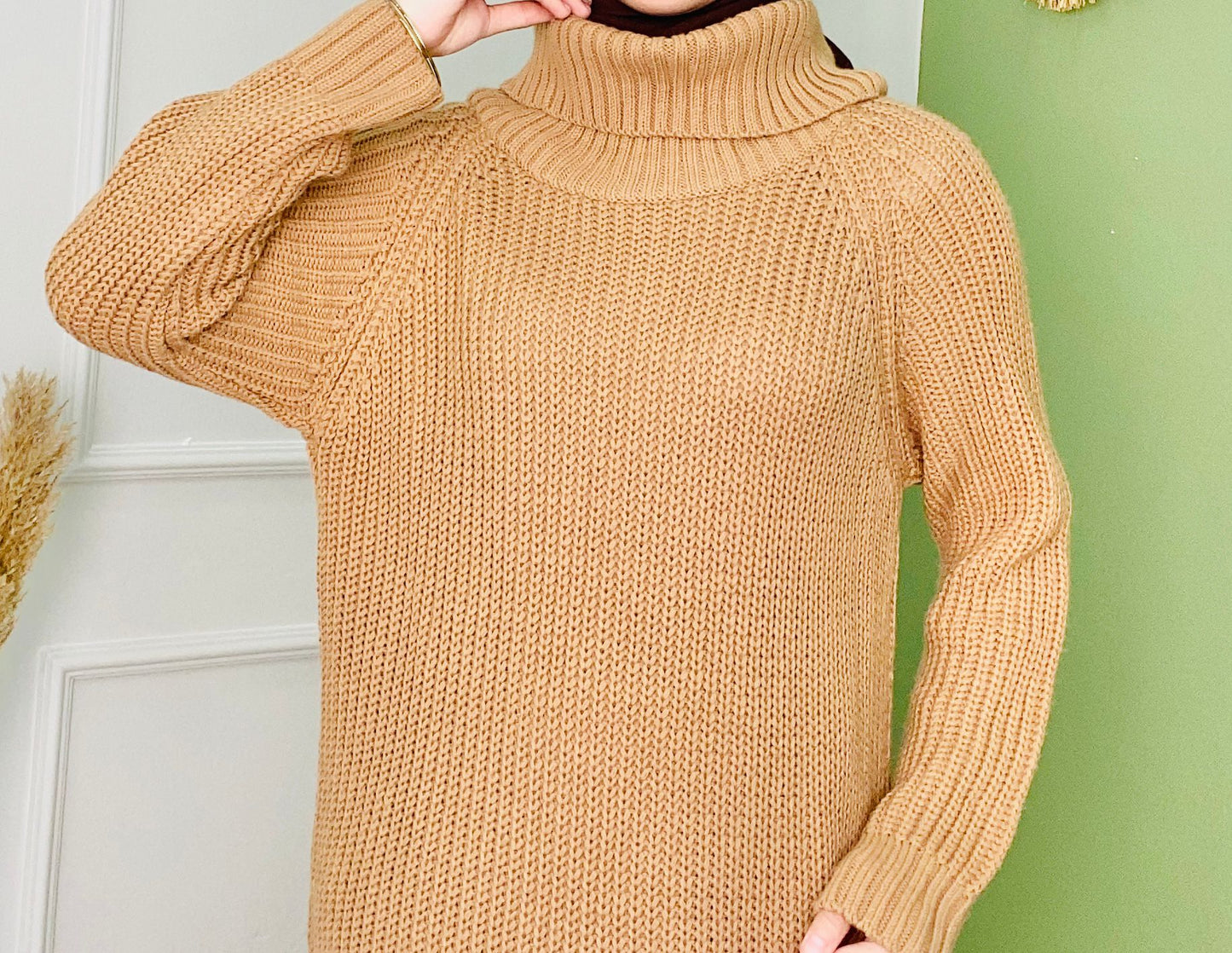 Turtleneck Woven Knitwear Dress Camel