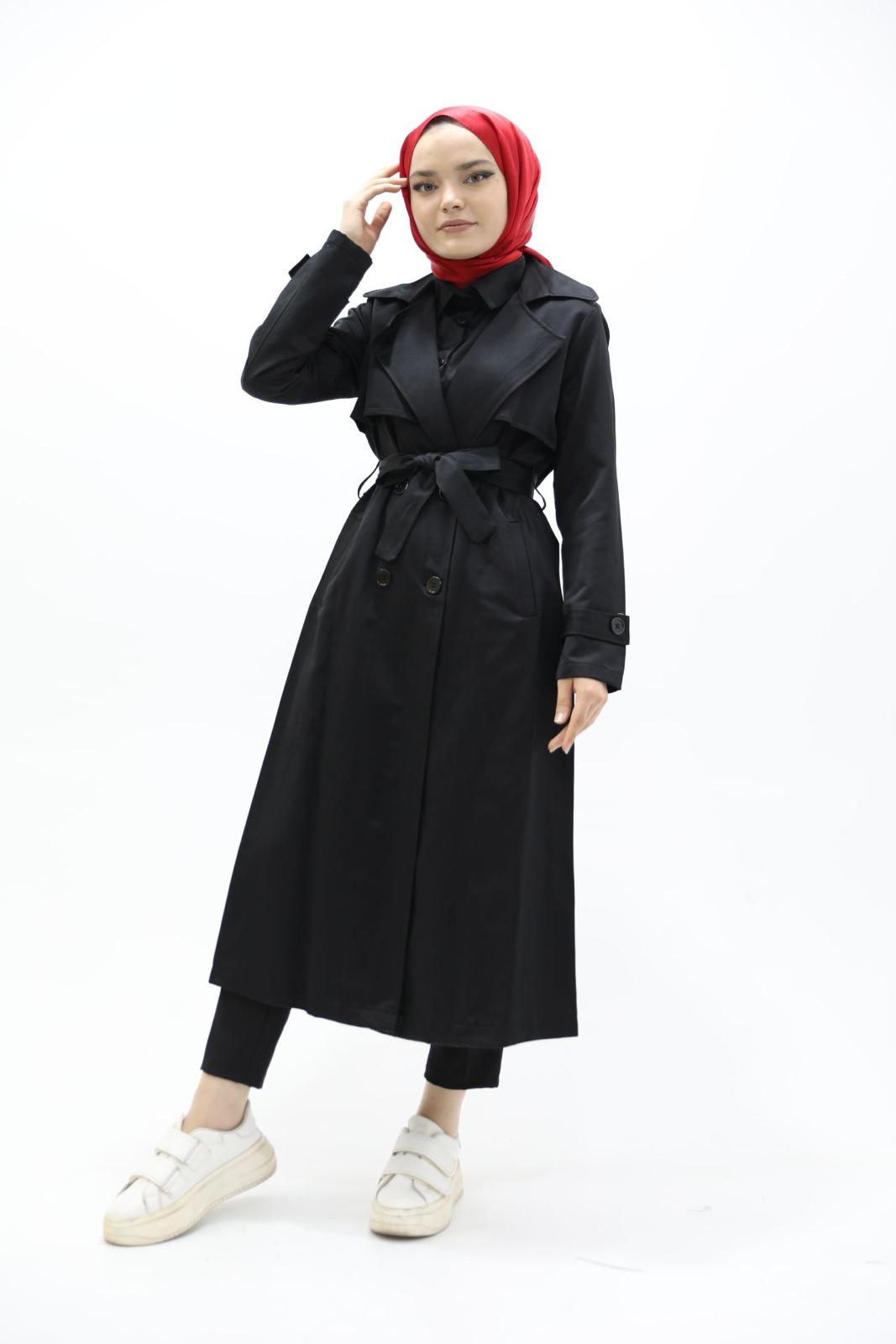 Button and Waist Lace Trench Black
