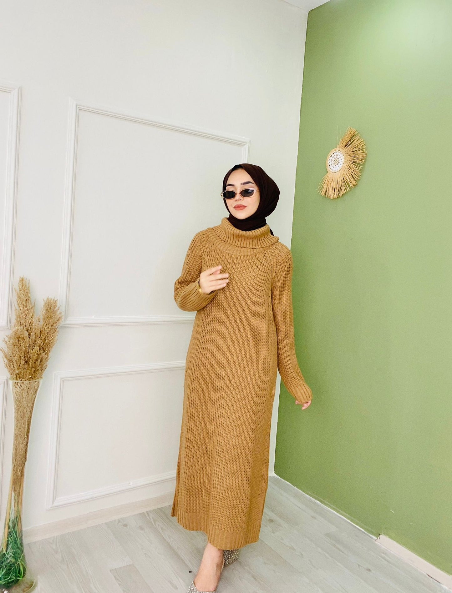 Turtleneck Woven Knitwear Dress Camel