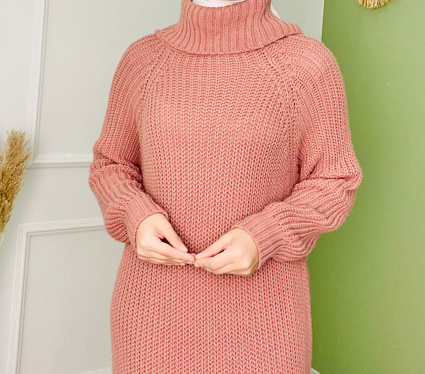 Turtleneck Woven Knitwear Dress Powder