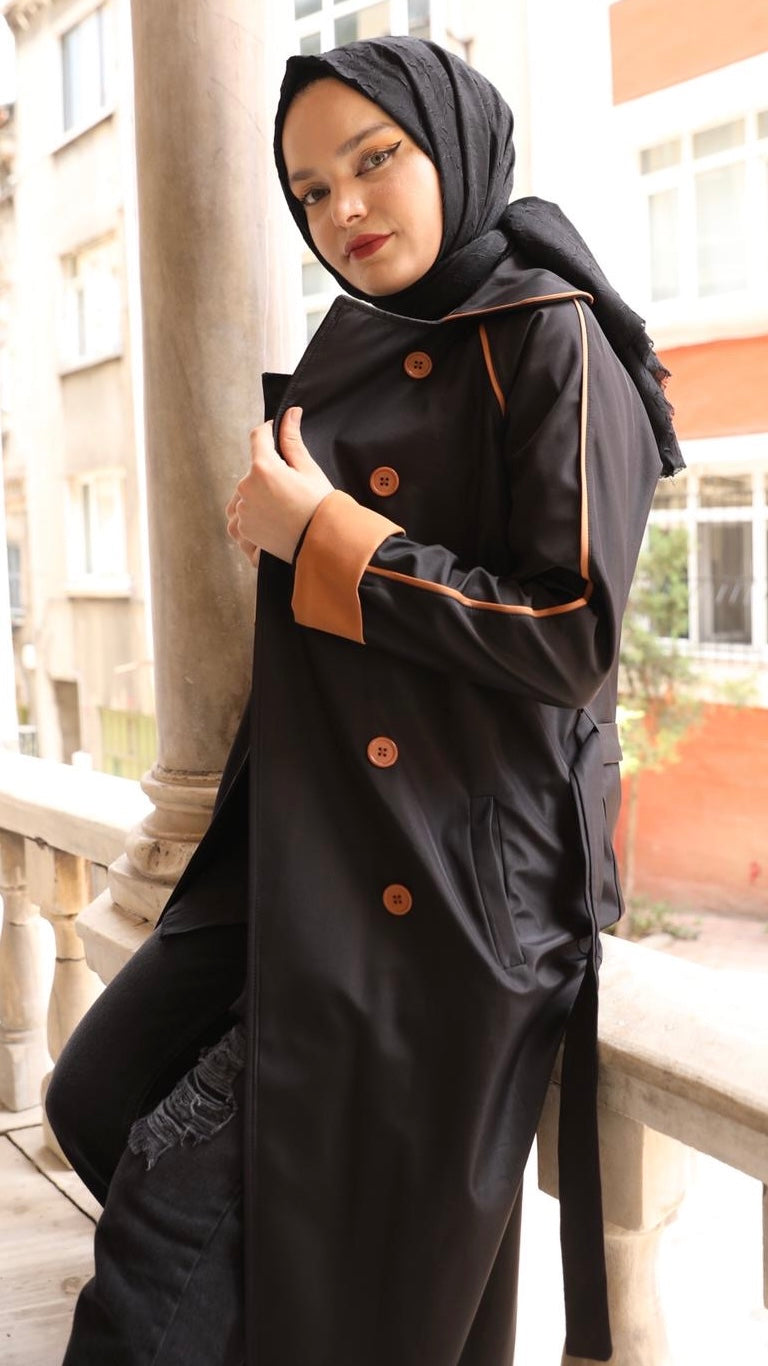Stripe and Button Detailed Trench Black