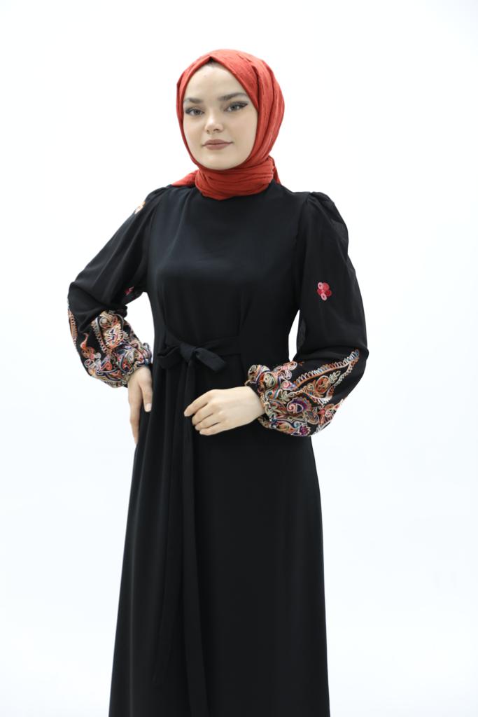 Waist-Tied Crepe Dress with Embroidered Sleeves