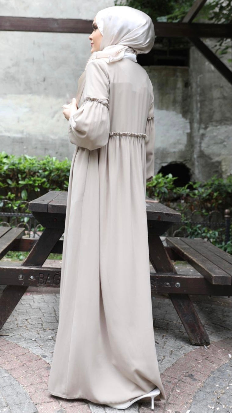 Ruffle Detailed Abaya Beige