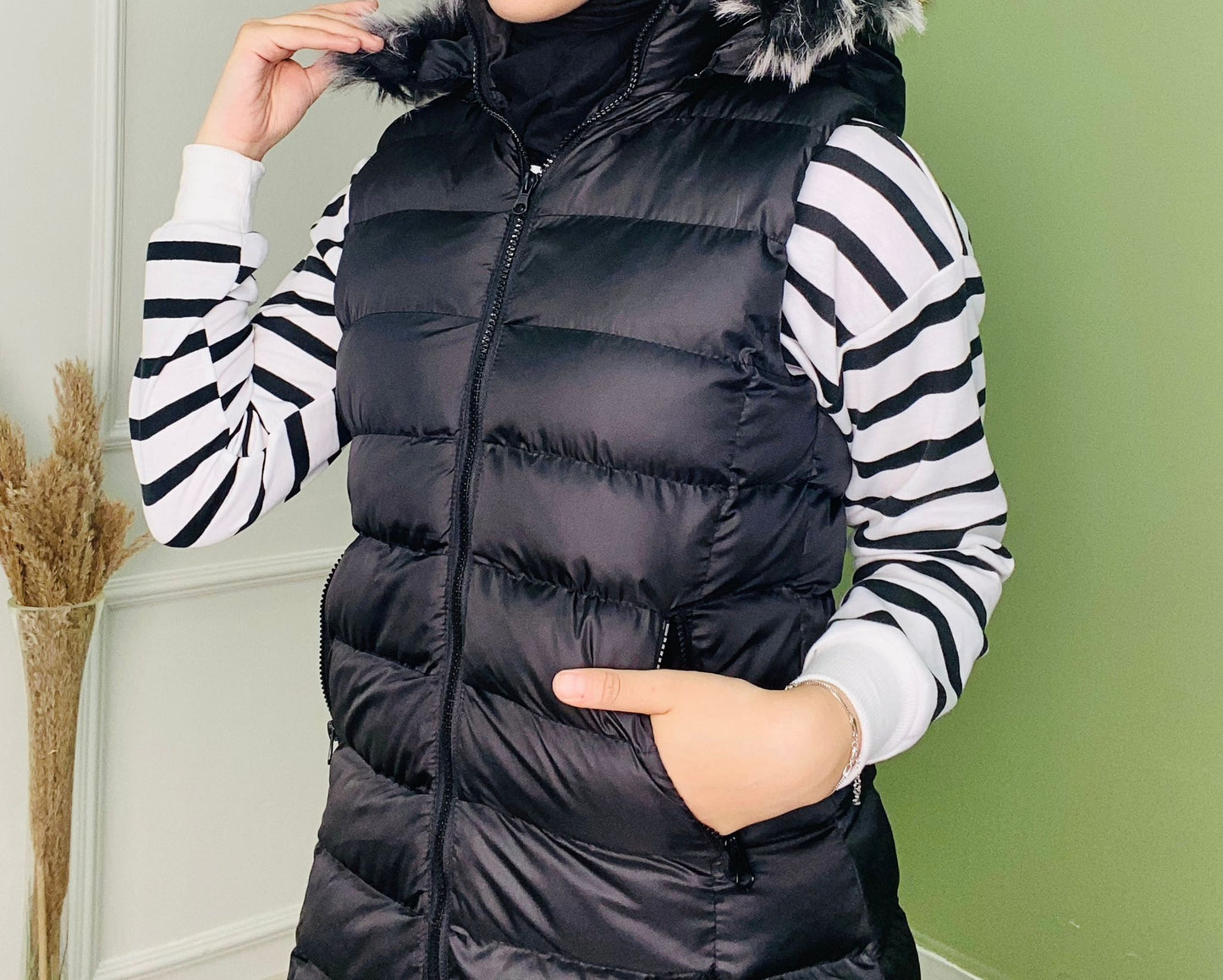 Furry Hooded Puffer Vest Black