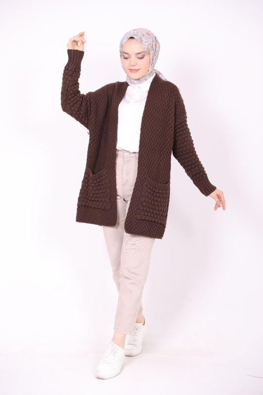 Double Pocket Knitted Pattern Cardigan Brown