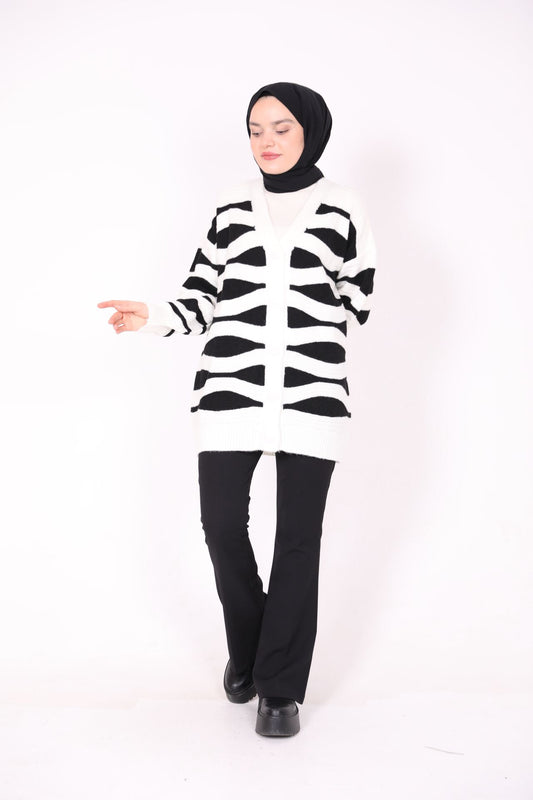 Wide Striped and Buttoned Cardigan Black