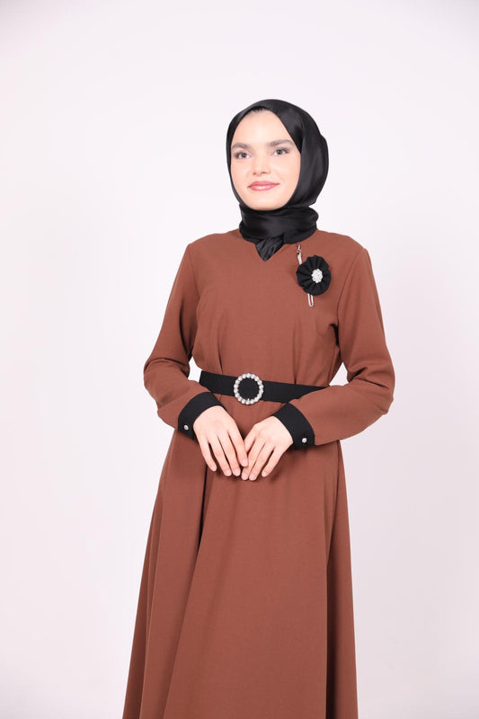 Rose Bronze Belted Dress Brown