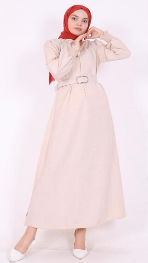 Stoned Belted Dress Beige