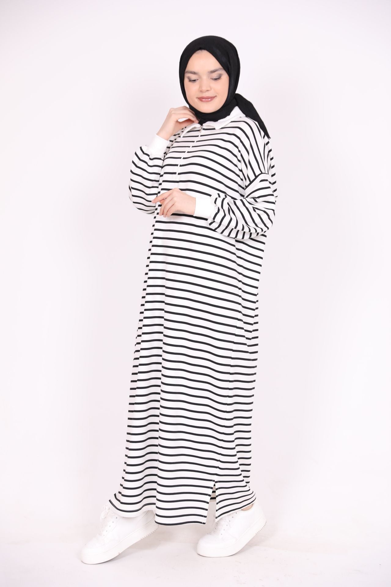 Zippered Striped Dress Black