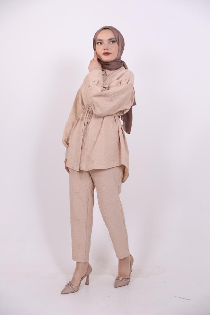 Embossed Belted Double Suit Beige