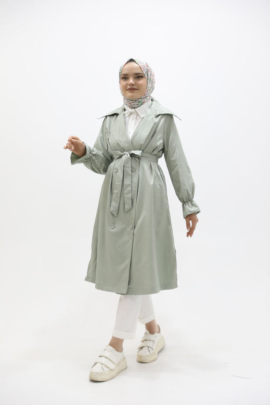 Trench with Elastic Sleeves and Slit Detail, Water Green