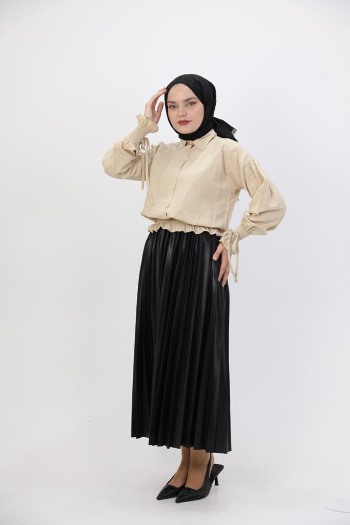 Sleeve and Waist Gathered Blouse Beige